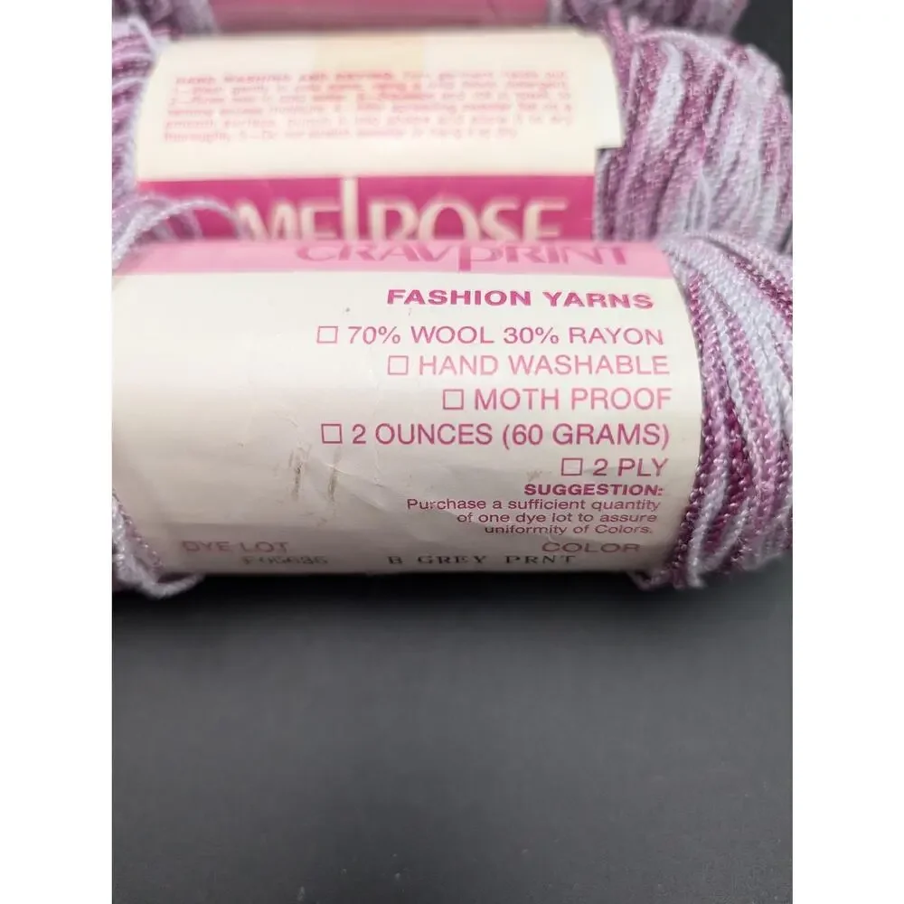 Melrose Yarn 3 Skeins 2 Ply 70% Wool 30% Rayon B Grey Print Made USA 2oz each